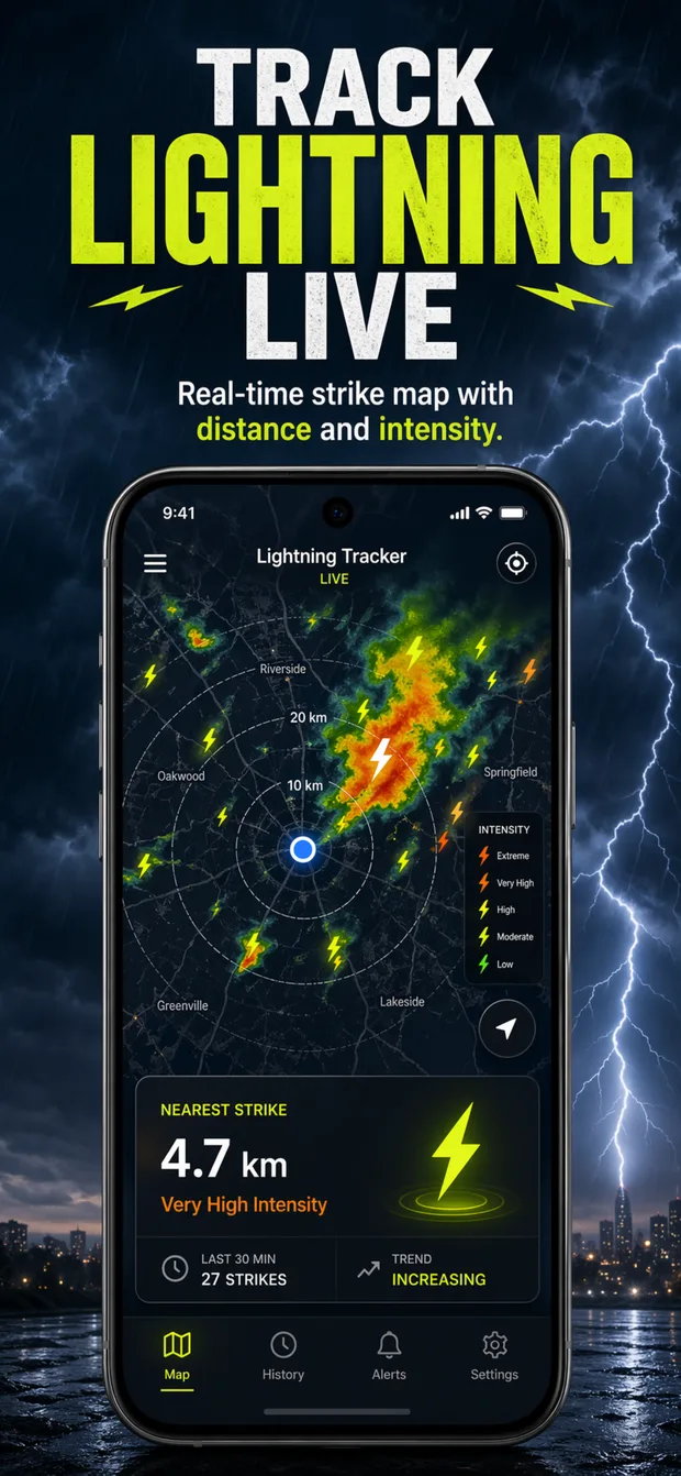 Lightning Tracker iPhone app showing a live lightning strike map and nearest strike distance.