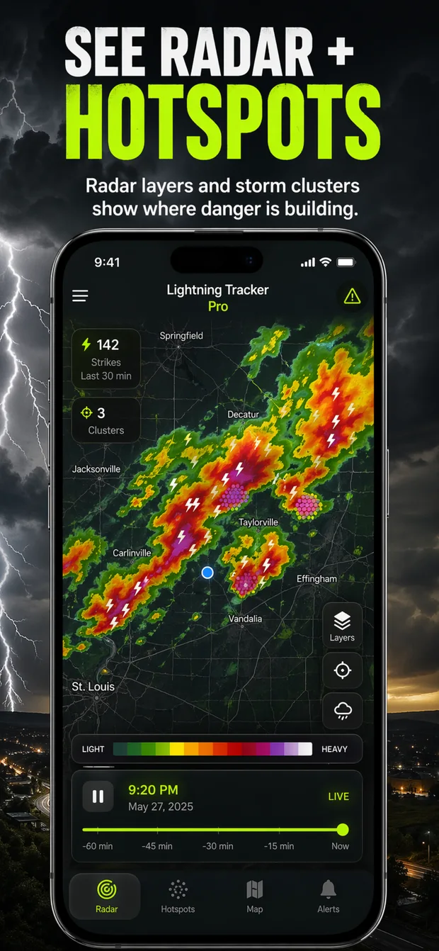 Lightning Tracker iPhone app showing weather radar, lightning hotspots, and storm clusters.