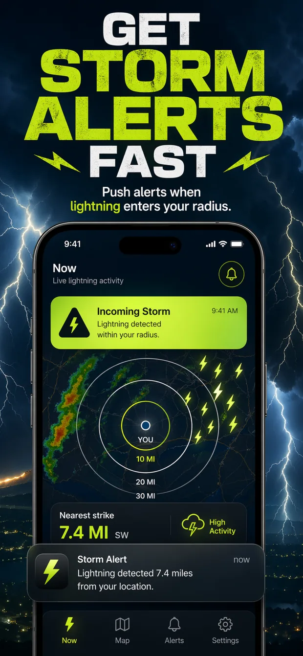 Lightning Tracker iPhone app showing an incoming storm alert and nearby lightning radius.